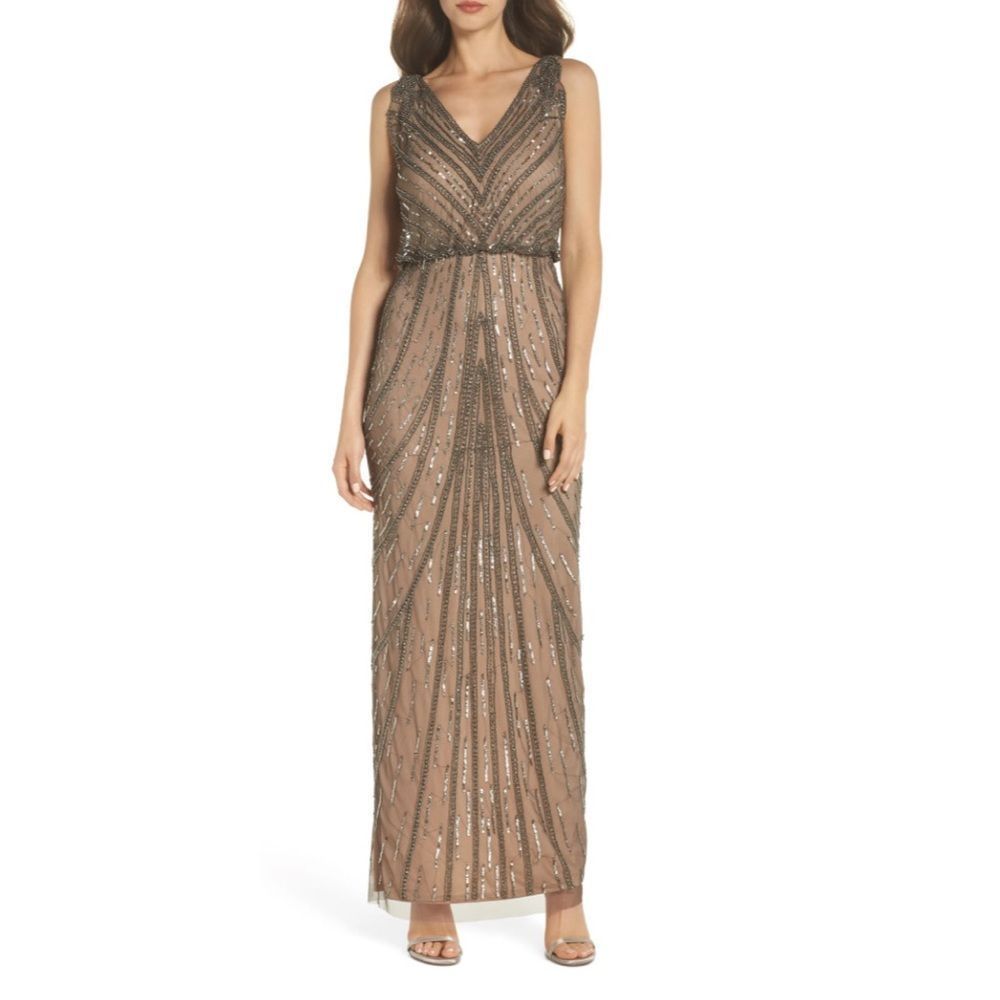 Adrianna Papell Gray Nude Beaded Art Deco Blouson Column Gown 6